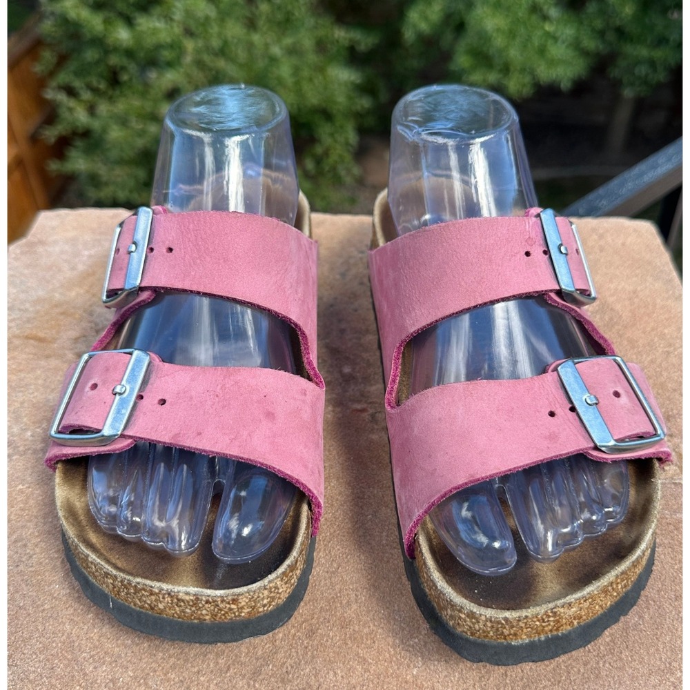 Birkenstock Arizona Women 38 Pink Nubuck Leather Two Strap Slide Sandal Comfort